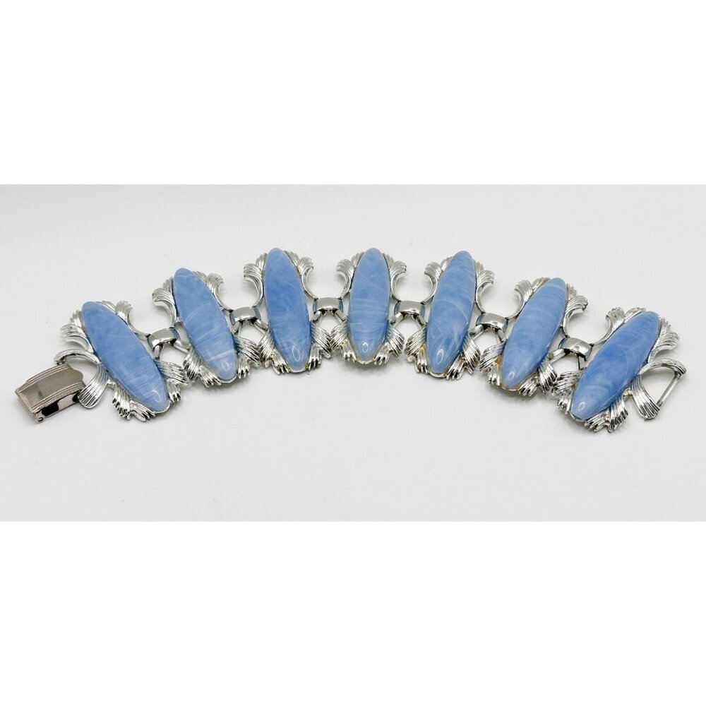 Vintage Signed CORO Blue Lucite Link Bracelet Silver Tone 2" Wide